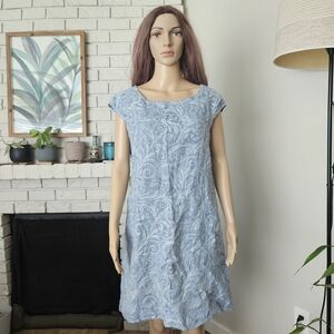 Lina Tomei Linen Dress Blue Embroidered Short Cap Sleeves Midi ITALY